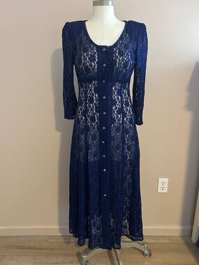 VTG Marnie west navy Floral mesh dress  S / M Navy Lace Button-Front Maxi Dress